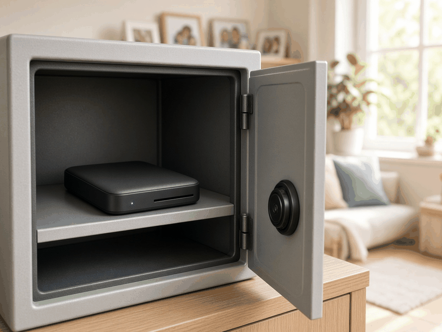 A backup drive inside an open fireproof safe in a bright family home